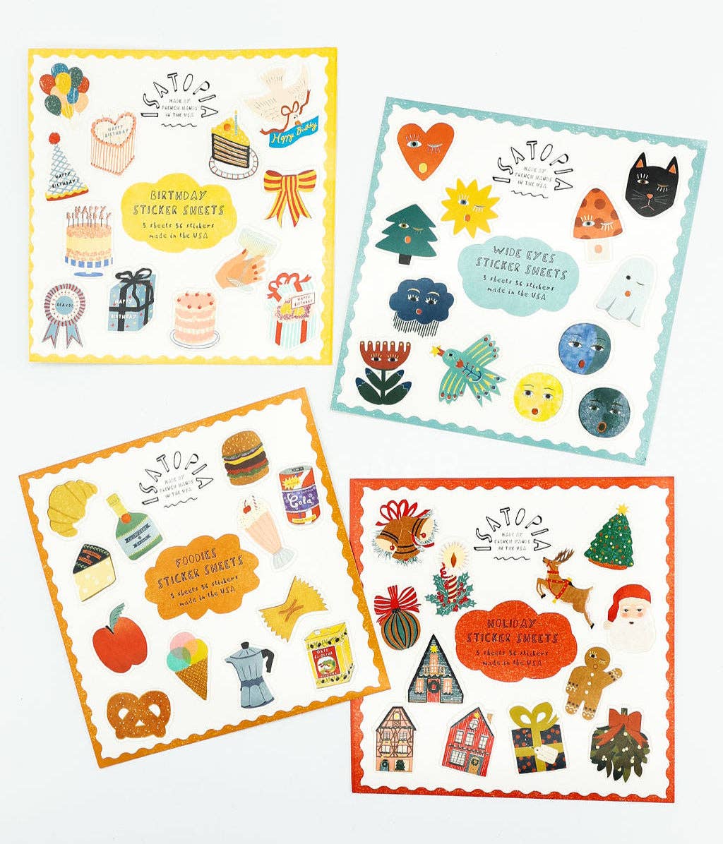 Four sheets of colorful stickers with various designs on a white background