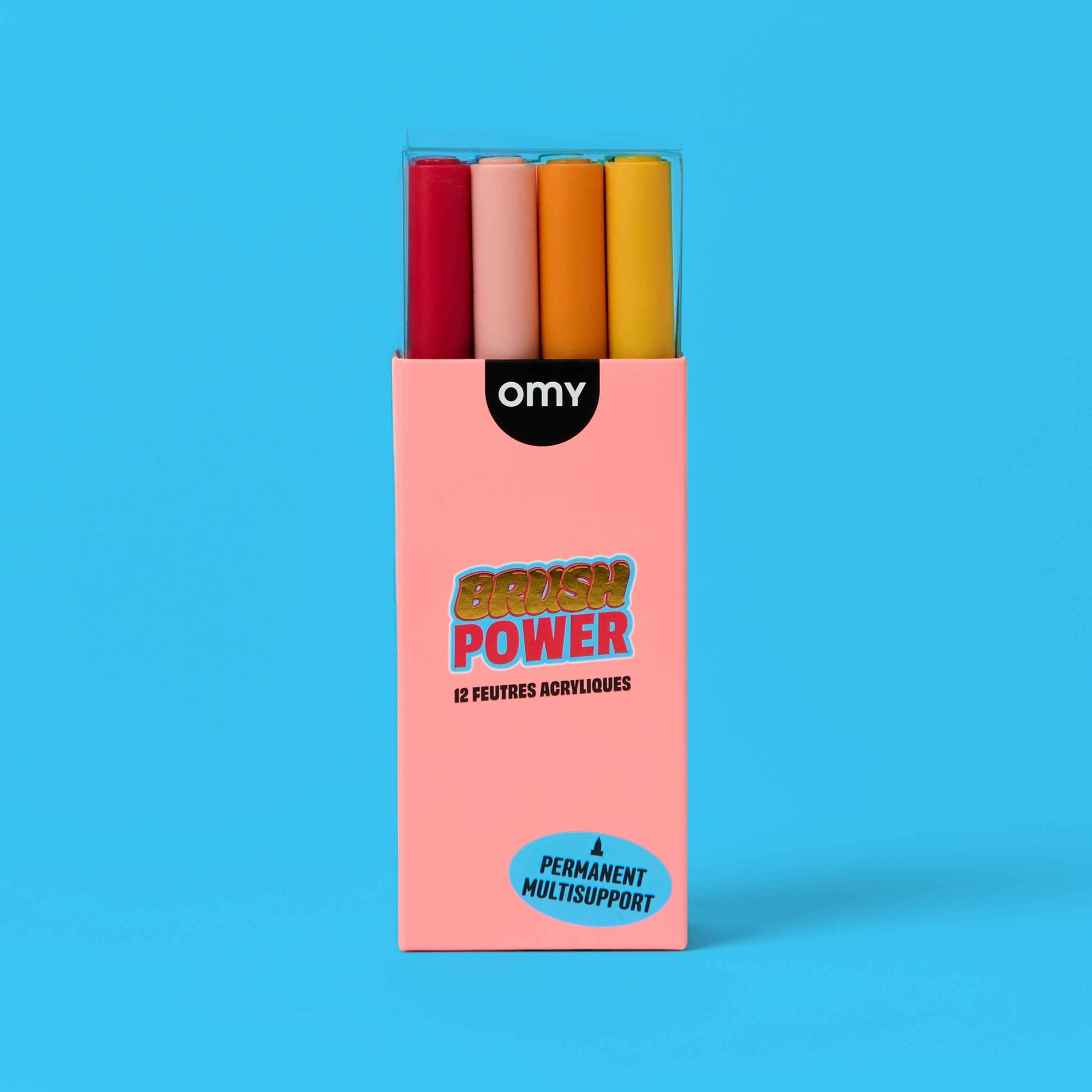 Pack of acrylic paint sticks with a pink box on a blue background