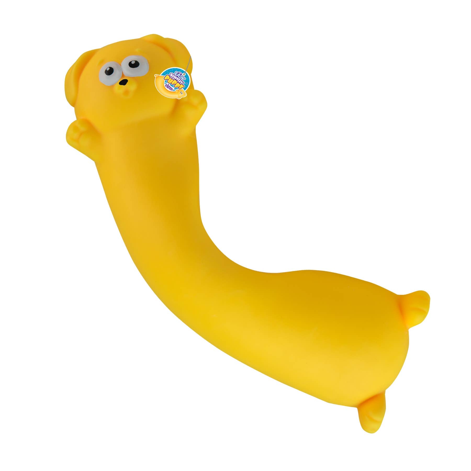 Yellow squeeze toy with big eyes on a white background