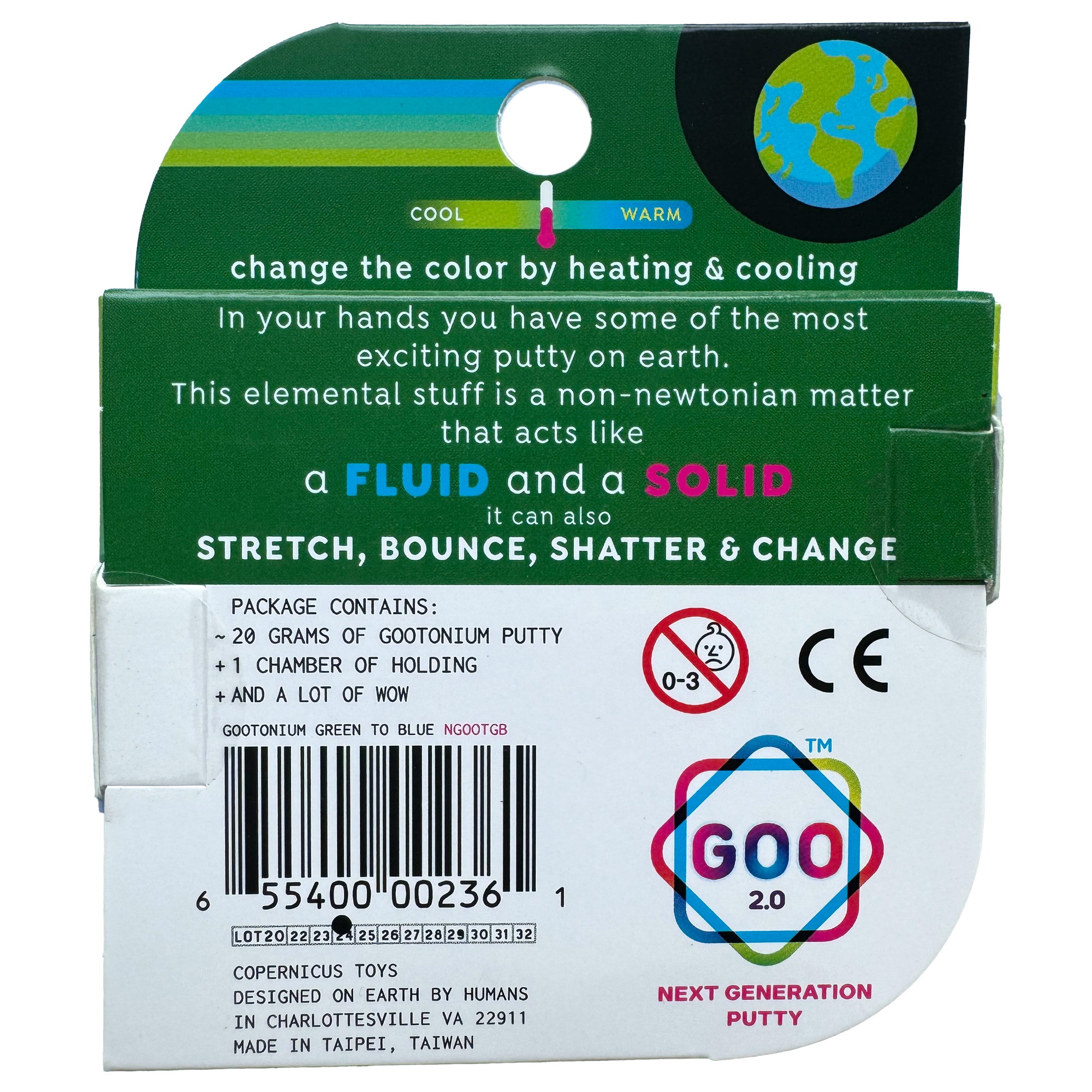 Back of a Goo 2.0 putty packaging with text and branding.