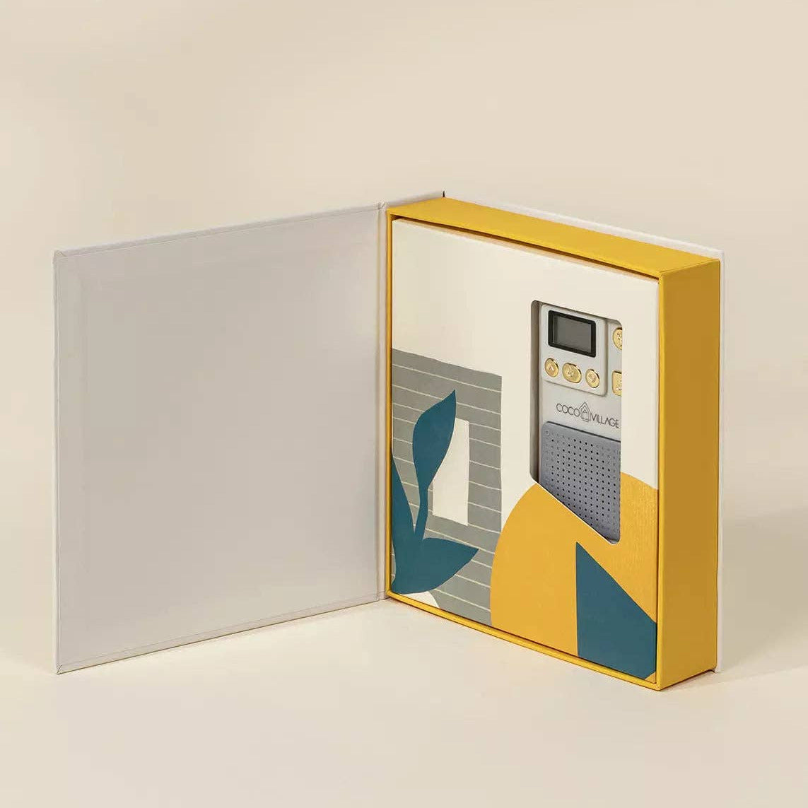 Yellow box with a digital clock on a beige background