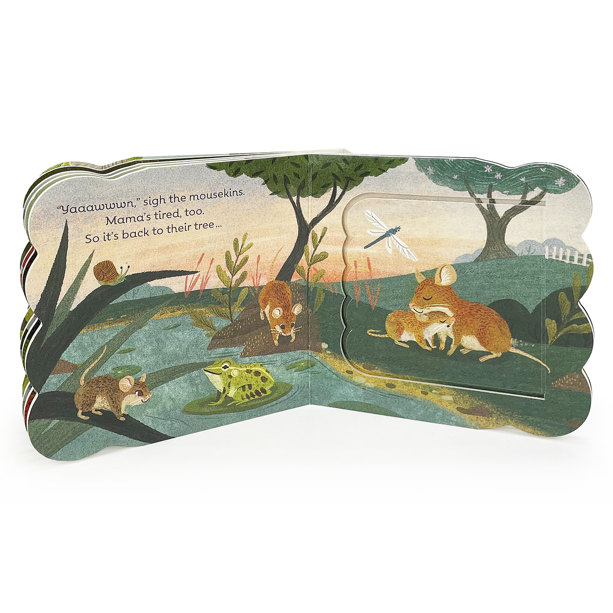 Children's book with illustrations of mousekins and a frog in a natural setting