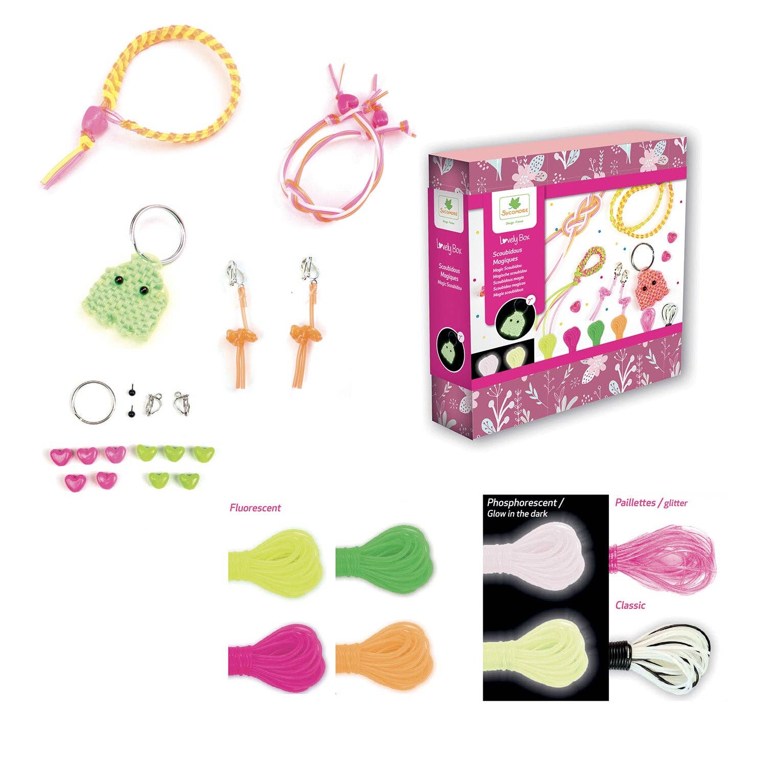 Assorted craft supplies including keychains, bracelets, and packaging on a white background