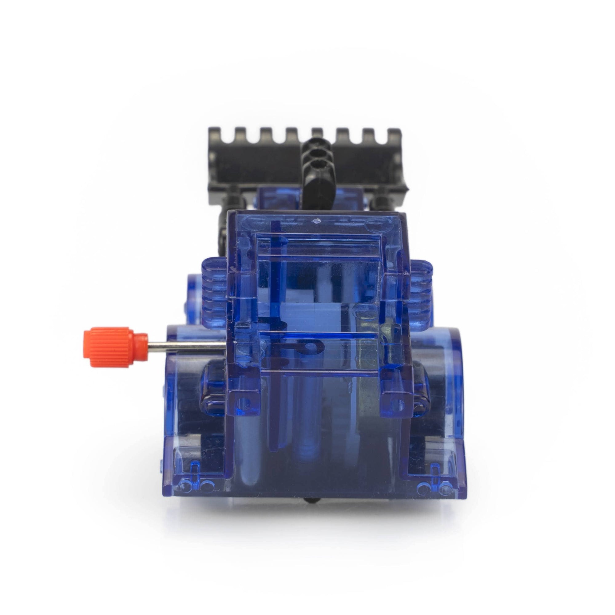 Blue mechanical component with a red part on a white background