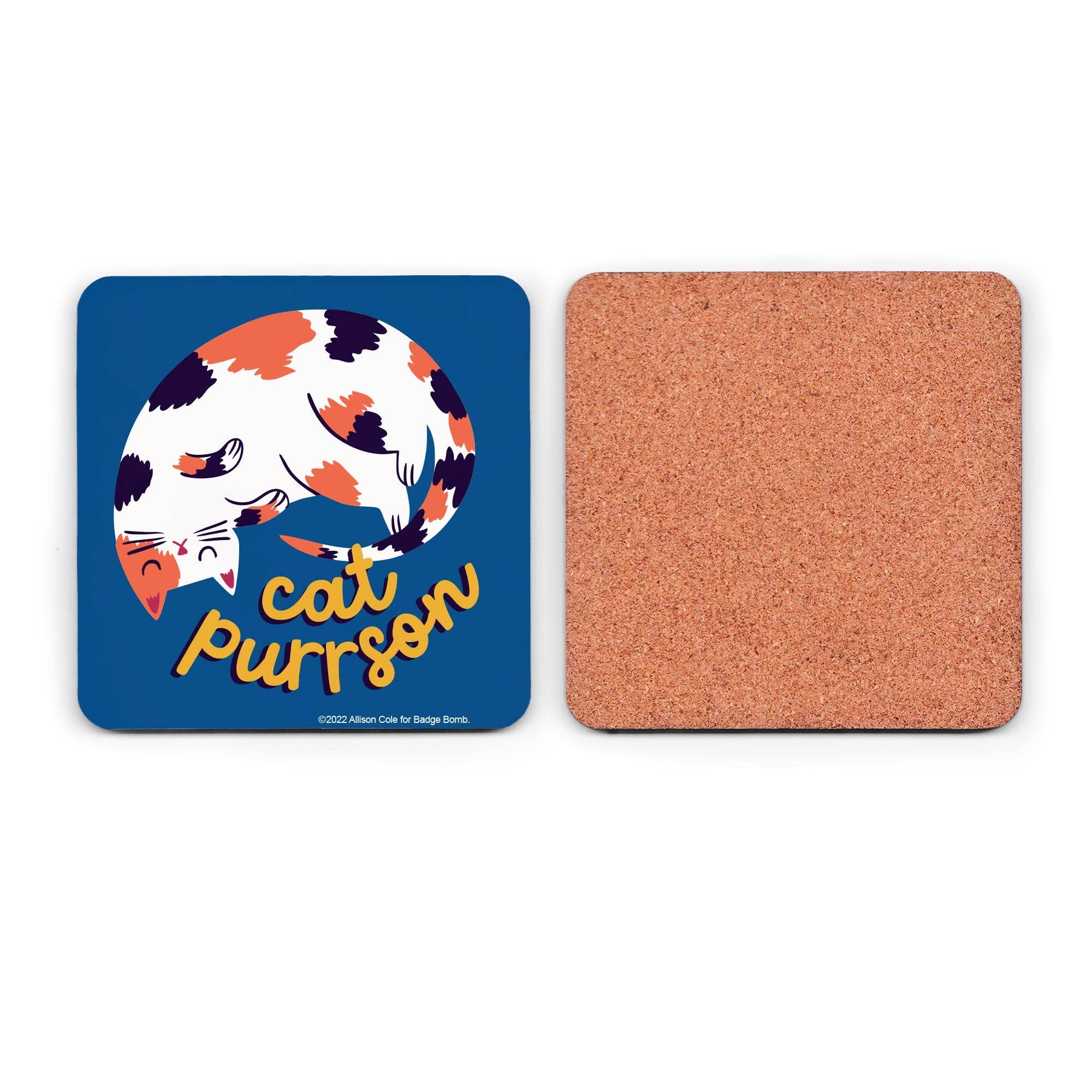 Coaster with cat illustration and 'cat purrson' text on blue side, cork back on white background