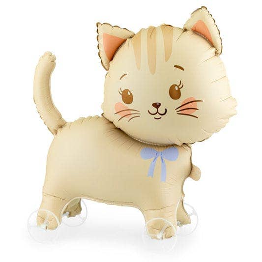 A cartoon cat-shaped foil balloon with a light beige body, brown eyes, pink inner ears, and a small light blue bow, shown on a plain white background.