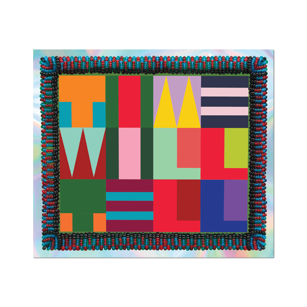 Colorful geometric patterned fabric square with a decorative border.