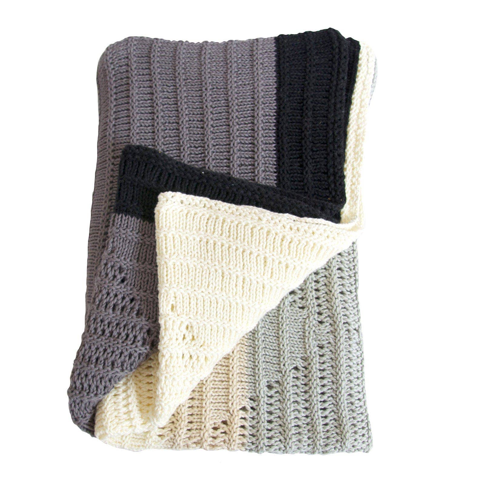 Knitted blanket with gray, black, and beige stripes on a white background