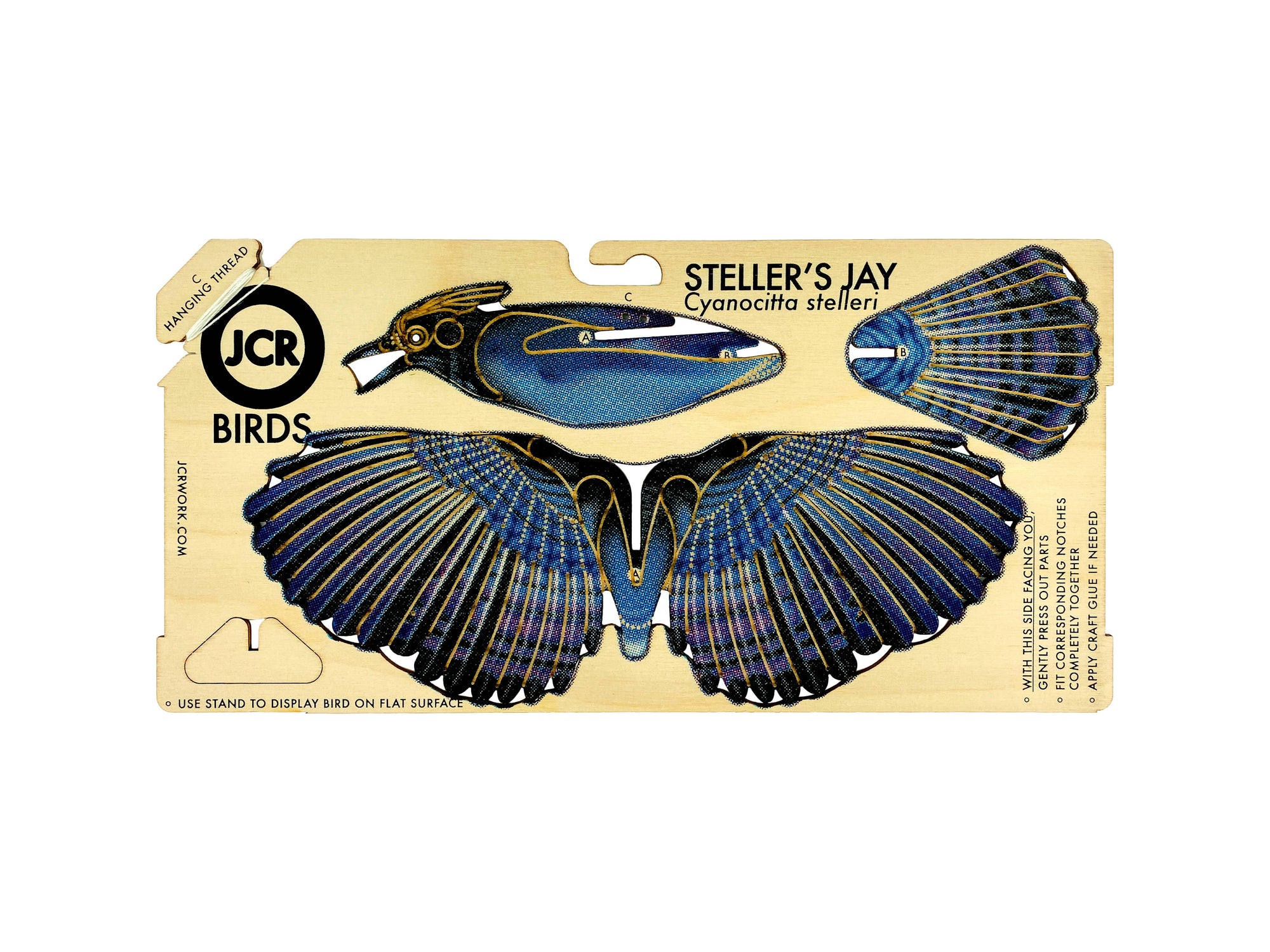 Steller's Jay bird puzzle in packaging with JCR Birds branding on a white background