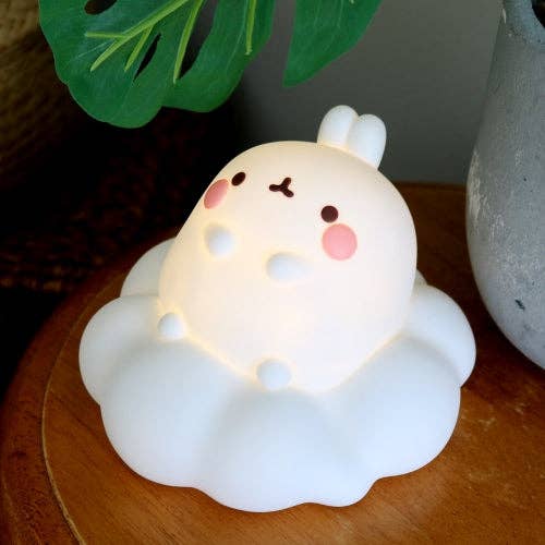 Cute animal-shaped night light on a wooden surface with a plant in the background