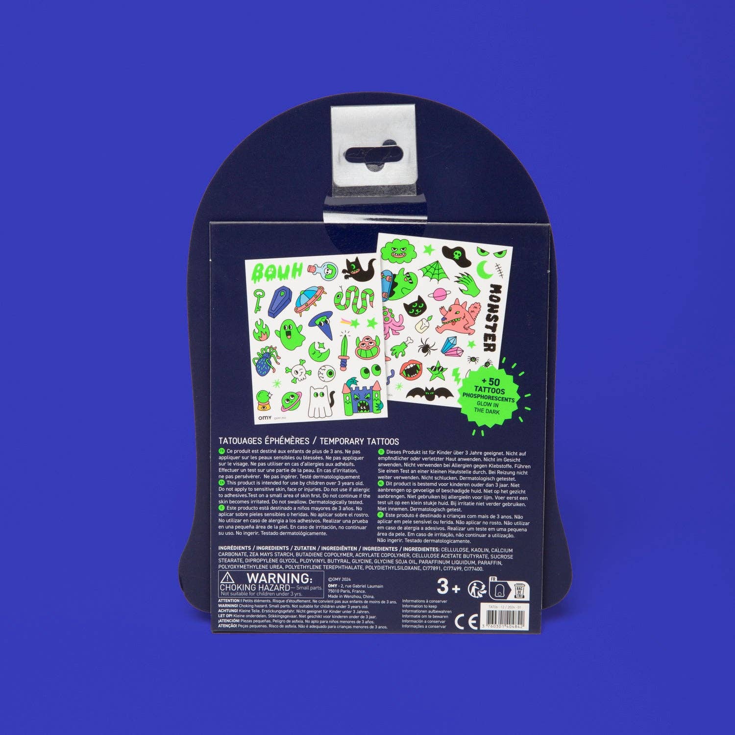 Packaging of temporary tattoos with a blue background