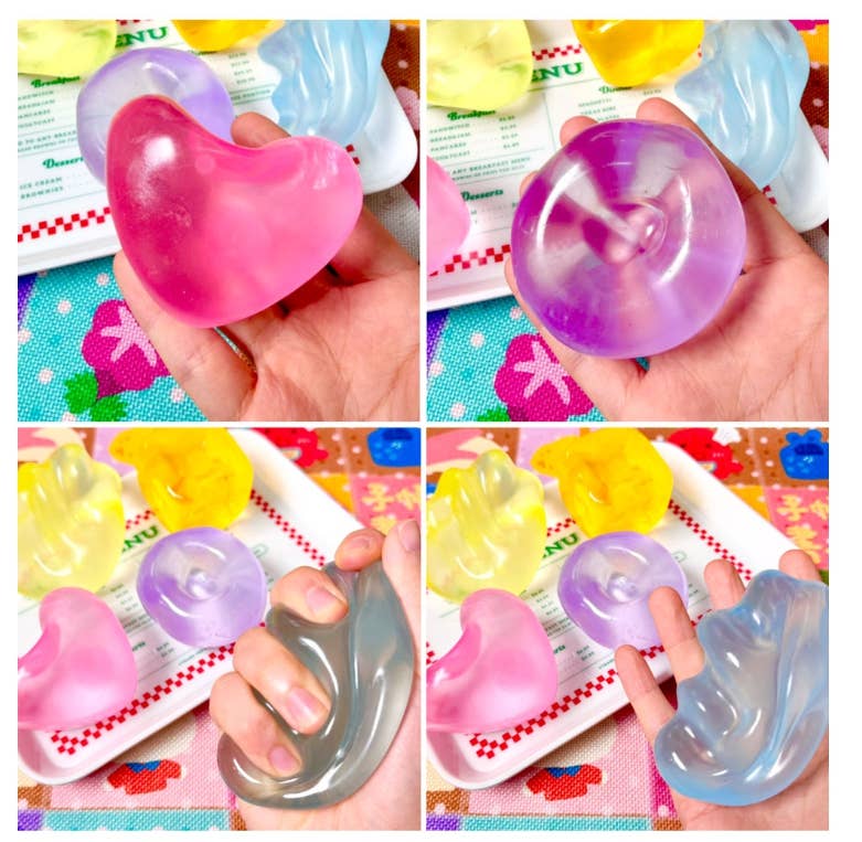 A 2x2 collage showing a hand holding translucent gel-like sensory toys in different colors: pink, purple, gray, and blue, with more of the same toys on a tray in the background.