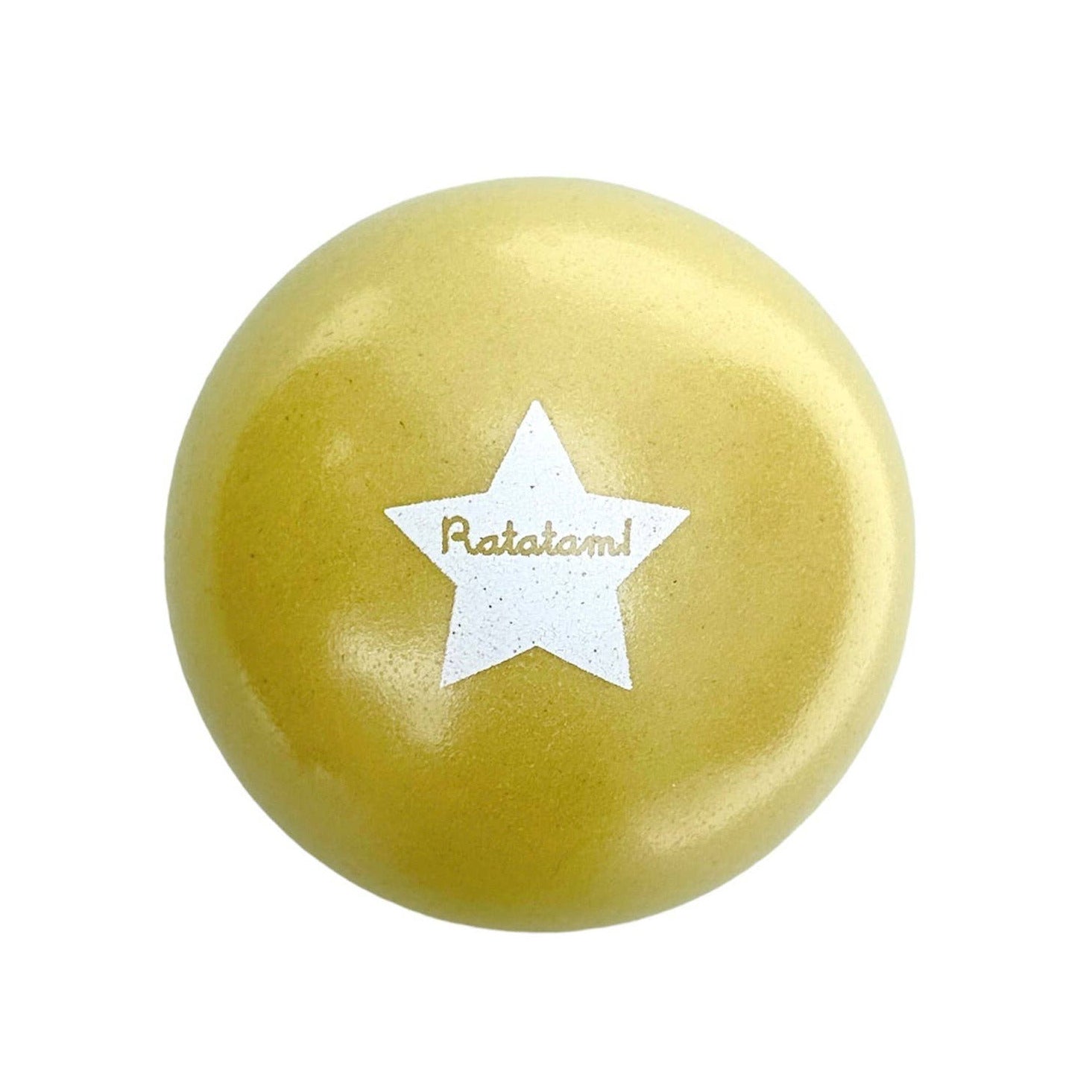 Gold ball with a star-shaped logo on a white background