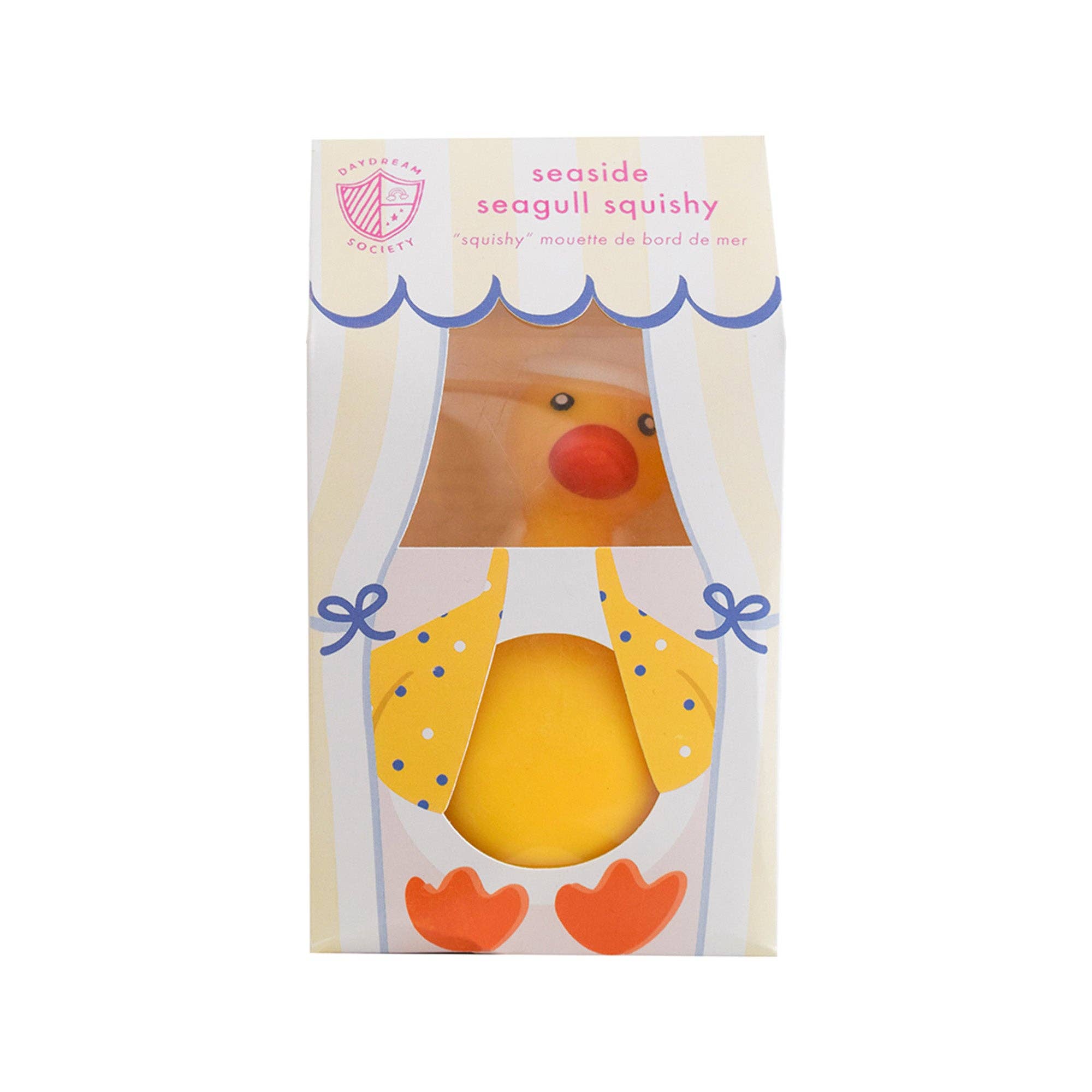 Yellow seagull squishy toy in packaging with 'seaside seagull squishy' text on a white background