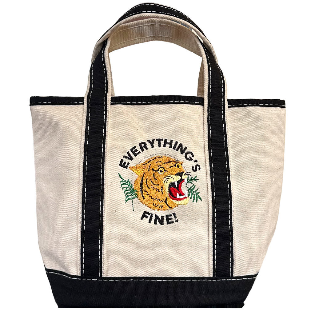 Canvas tote bag with a tiger graphic and 'Everything's Fine!' text on a white background