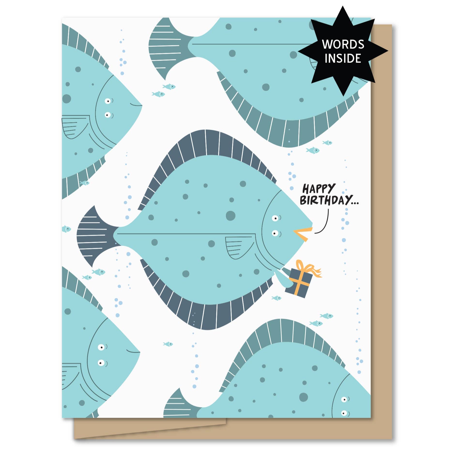 Greeting card with fish illustrations and a small gift box on a white background