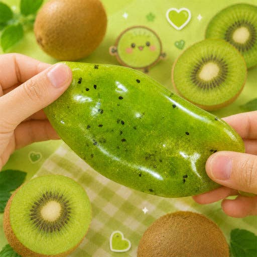 A translucent green kiwi-shaped gel or patch being held by two hands, with sliced kiwi and whole kiwi fruits plus cute heart and character graphics in the background.