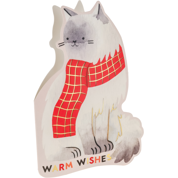 Cat-shaped decorative item with a red scarf and 'Warm Wishes' text on a white background