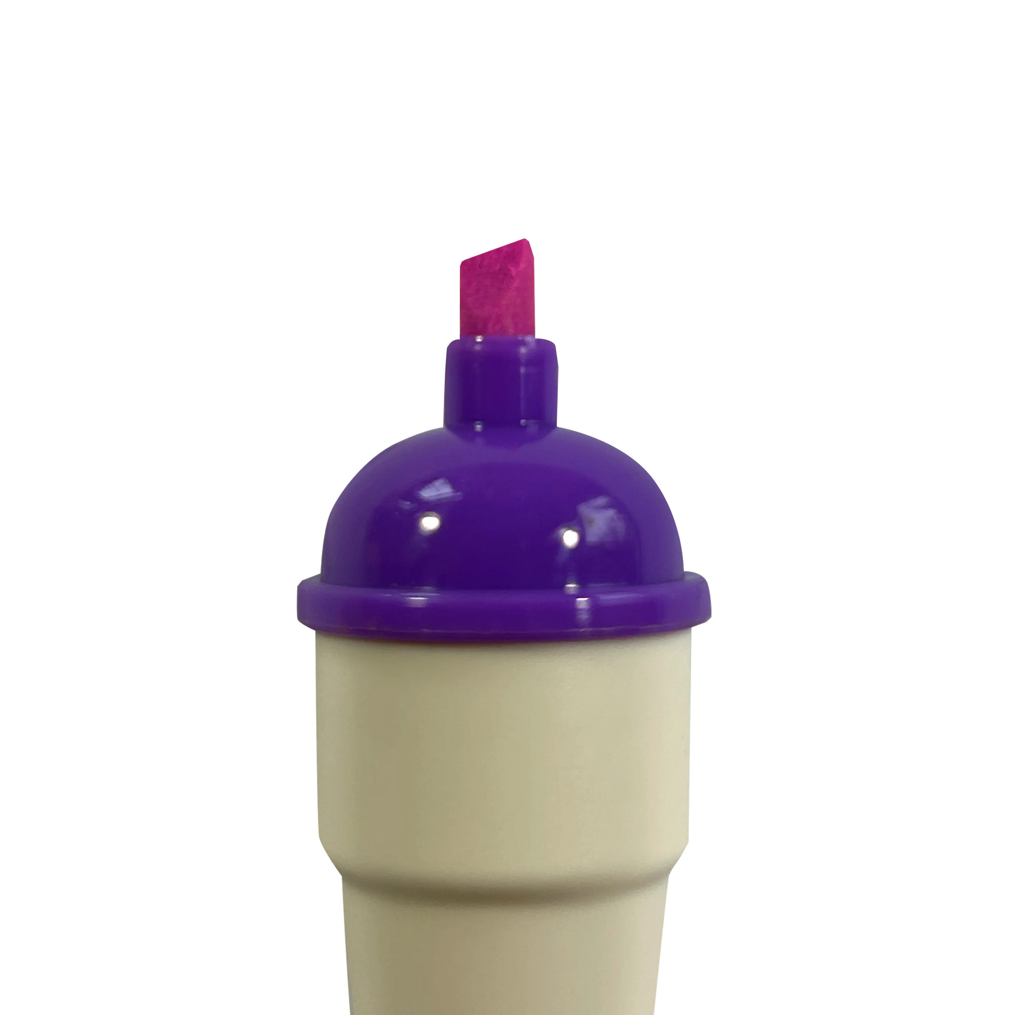 Beige cup with a purple lid and pink top on a white background