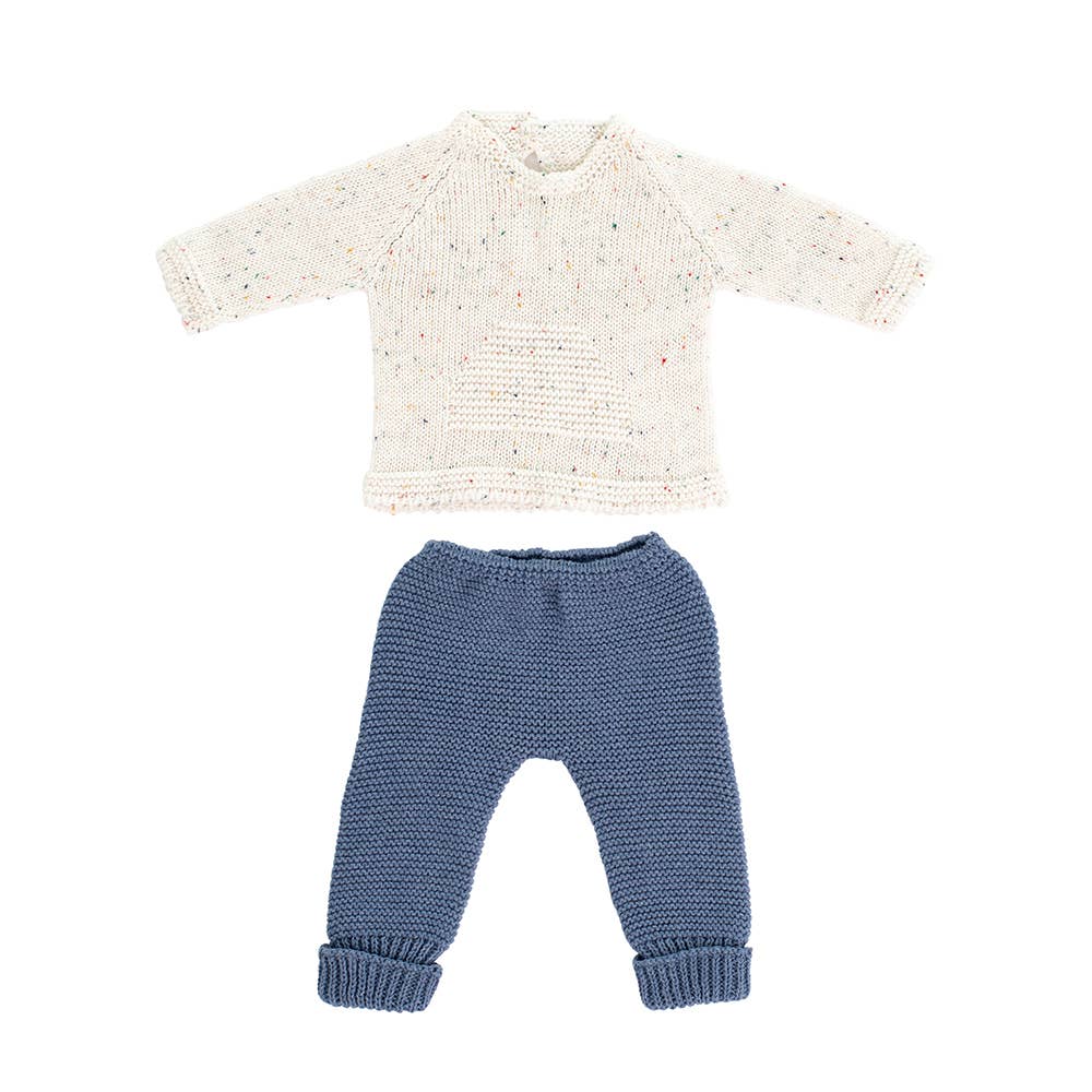 Doll's Knitted sweater and pants set on a white background