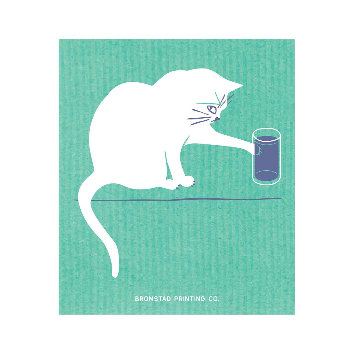Teal towel with a white cat design and 'Bromstad Printing Co.' text