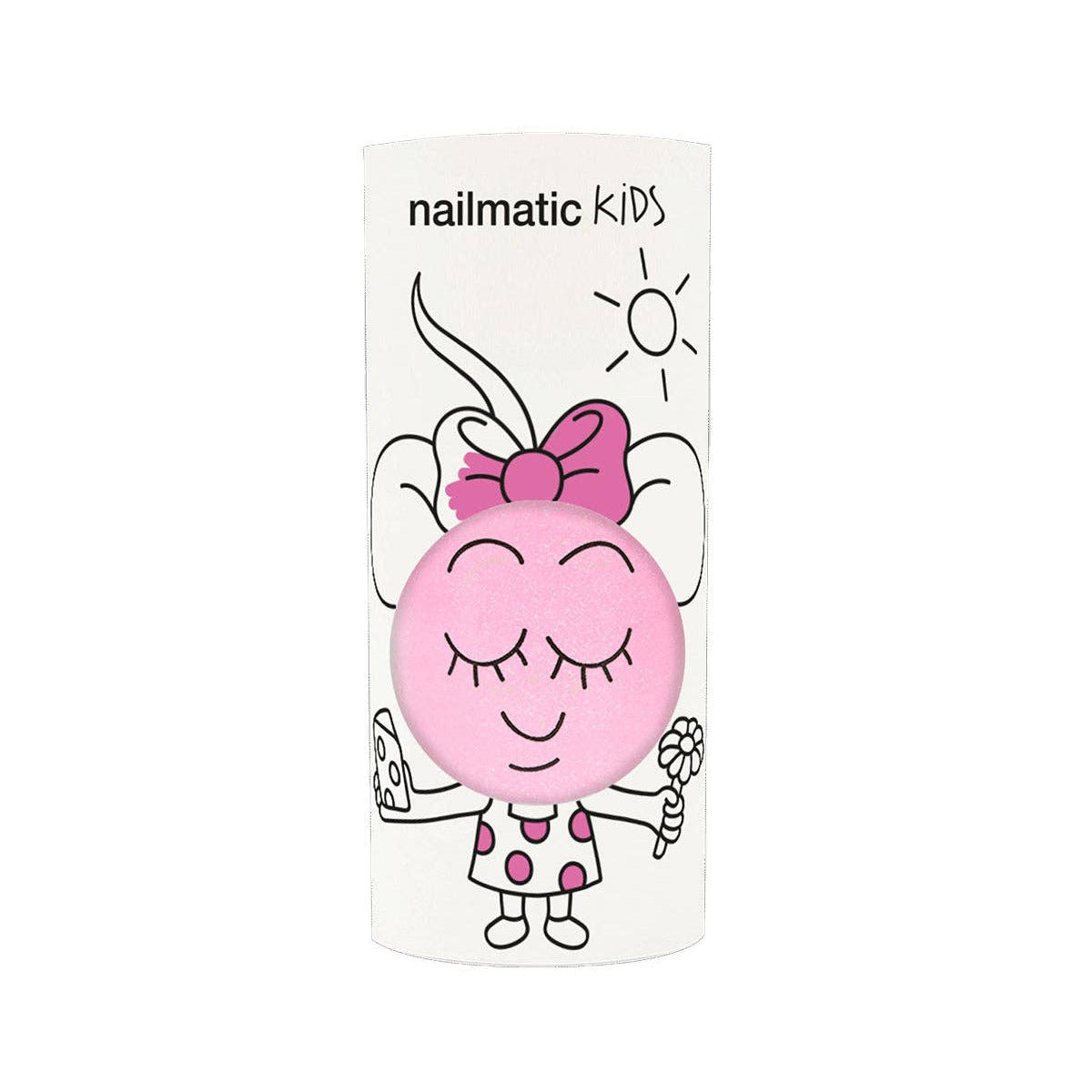 Pink cartoon character with a bow on a white background, featuring 'nailmatic kids' branding.