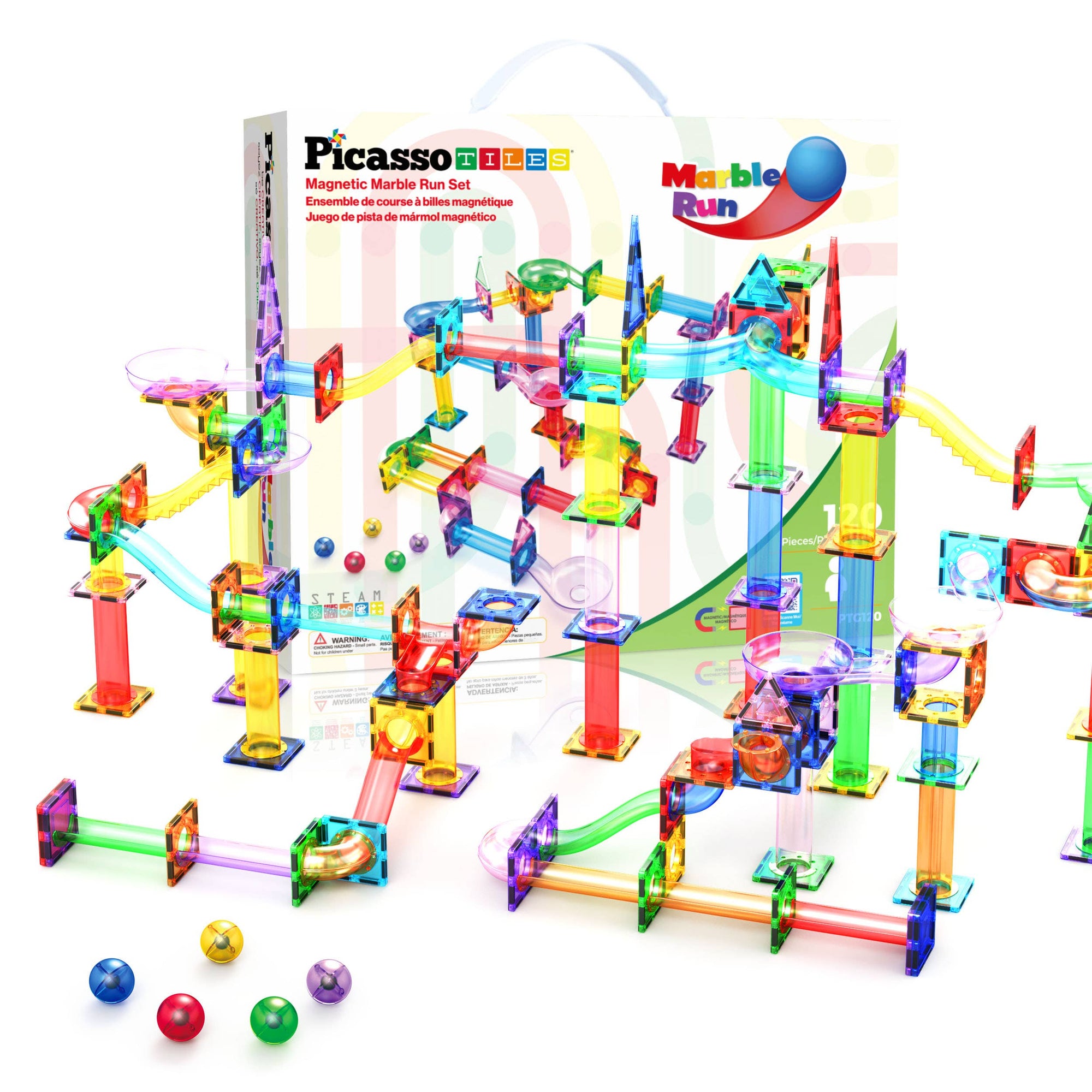 Colorful marble run toy set with packaging on a white background