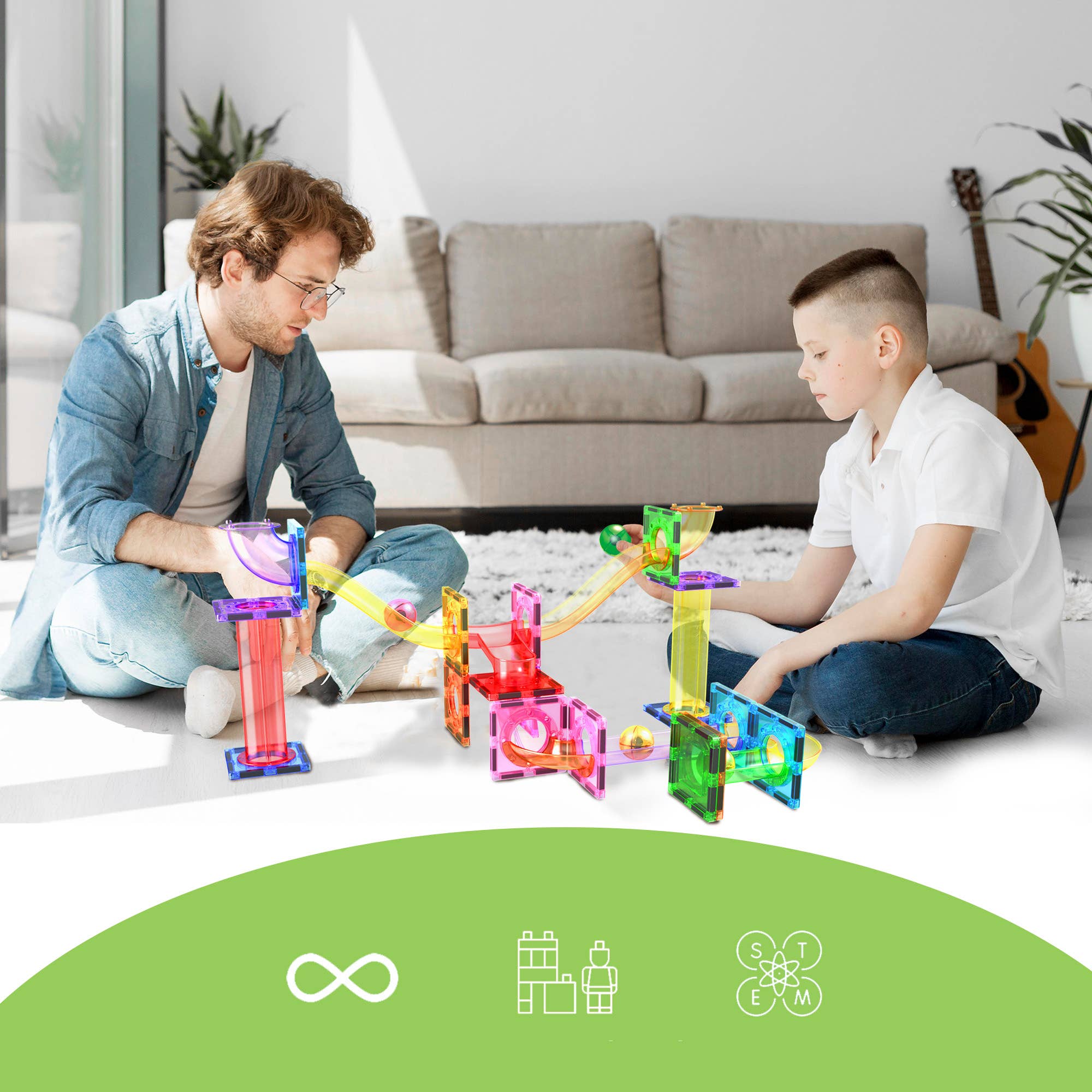 Man and child playing with colorful building blocks in a living room.