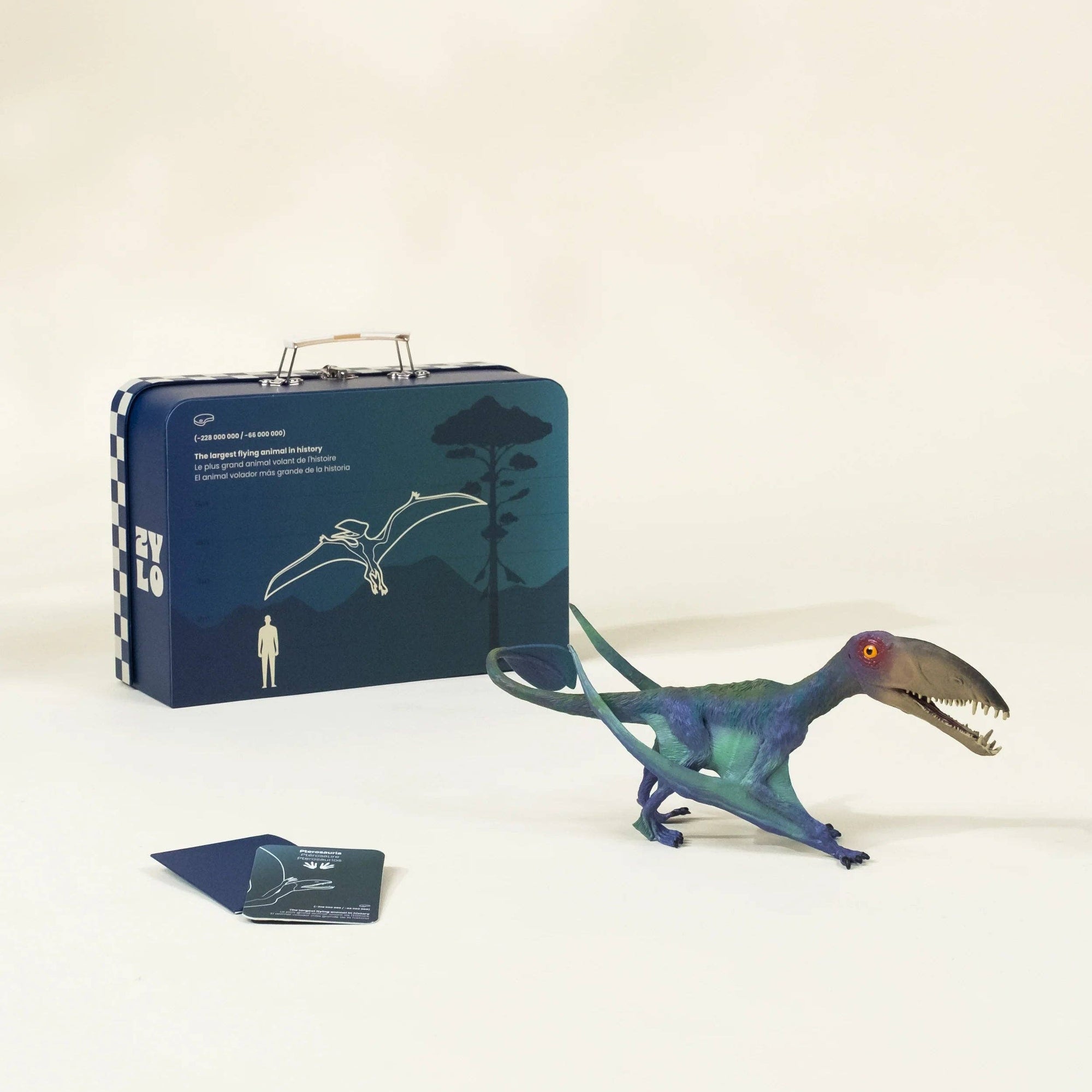 Blue dinosaur model with a carrying case on a white background
