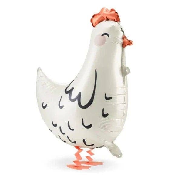 A white foil balloon shaped like a cartoon chicken with black markings, orange comb, and orange wavy legs, isolated on a white background.