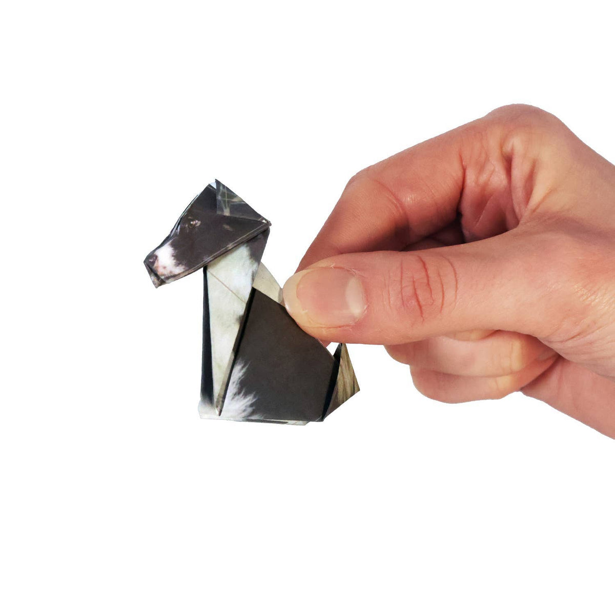Hand holding a small metallic animal figurine against a white background
