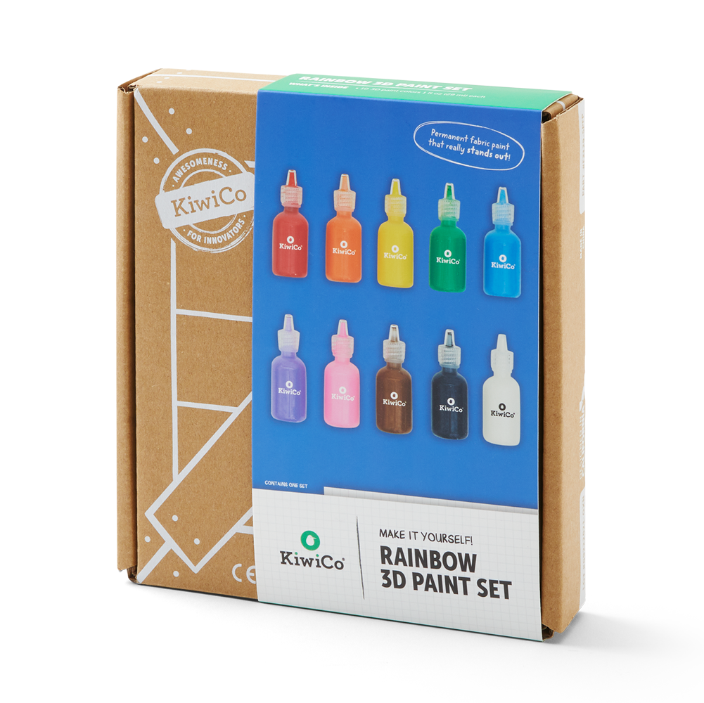 Kiwiko Rainbow 3D Paint Set in its original packaging, featuring a brown cardboard box with a blue and white front label showing the colorful paint bottles included in the set.