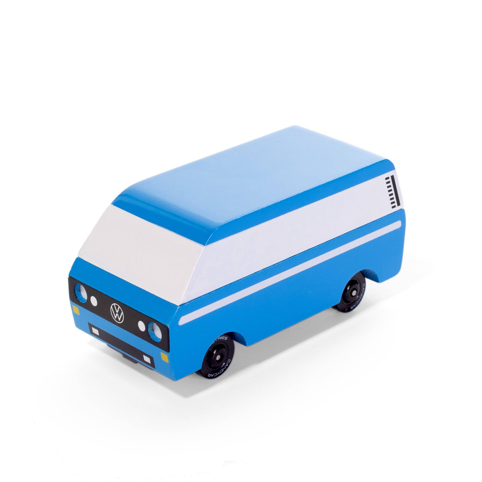 Blue and white model van on a white background