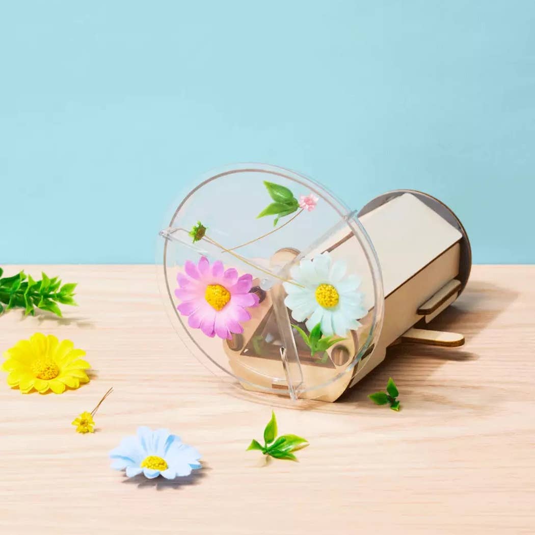 Small wooden toy with a transparent dome containing flowers on a wooden surface with a light blue background.