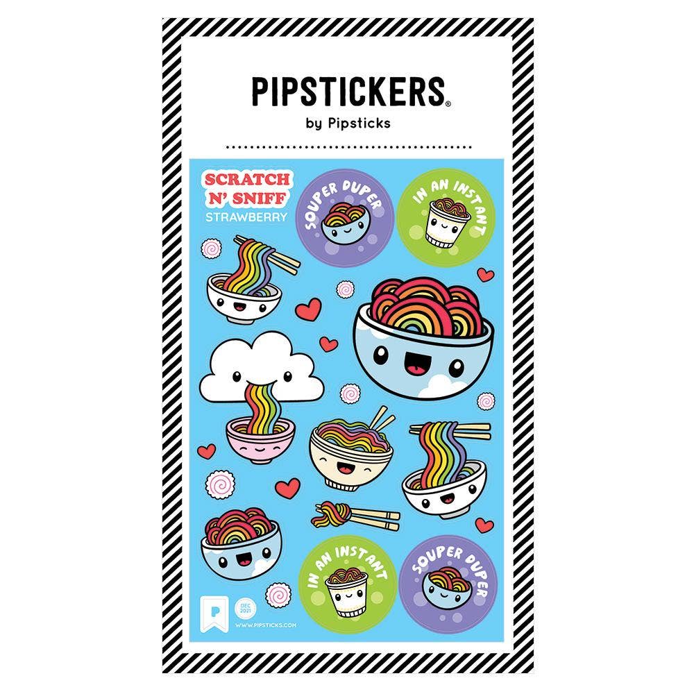 Pipsticks scratch and sniff stickers with colorful designs on a blue background