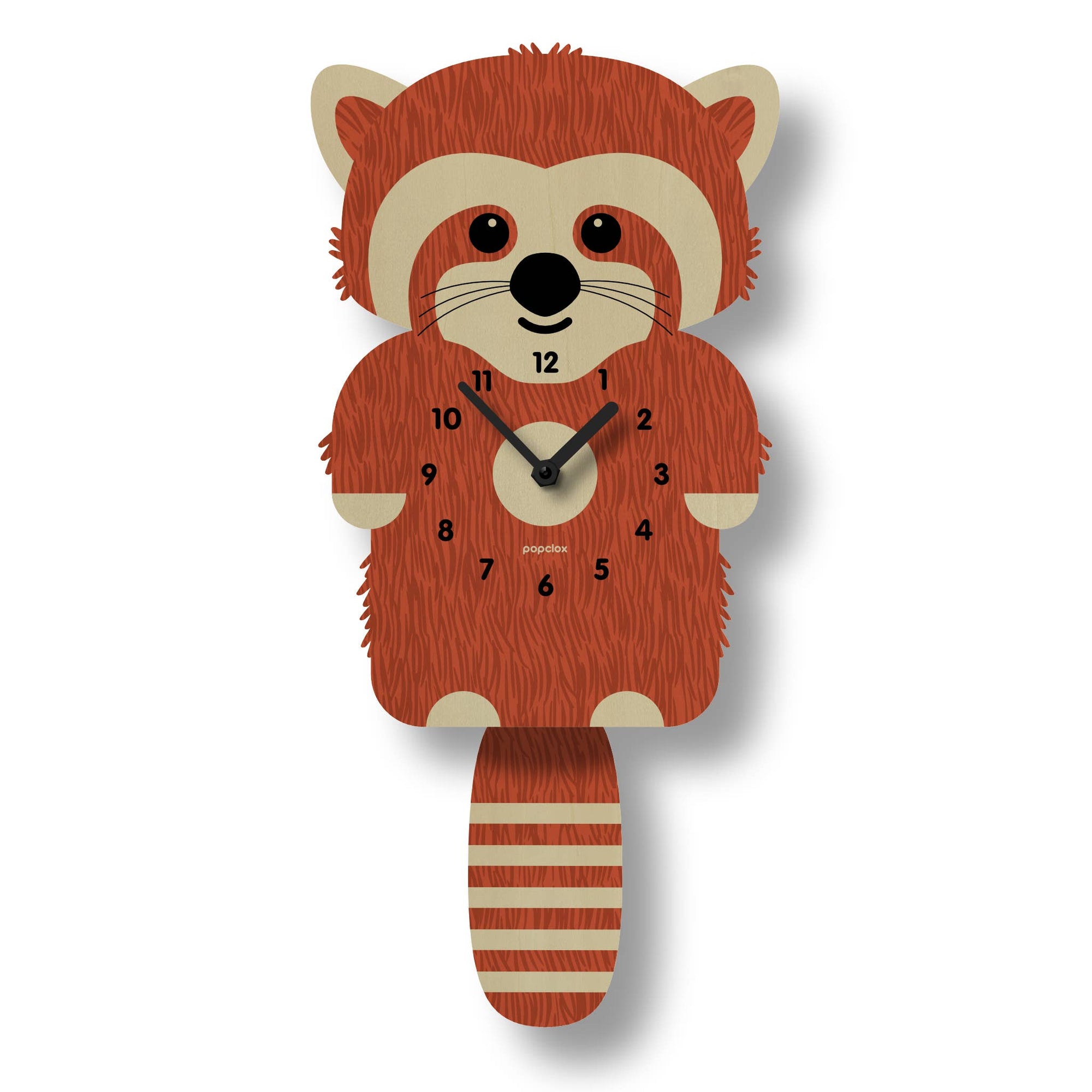 Wooden wall clock shaped like a raccoon on a white background