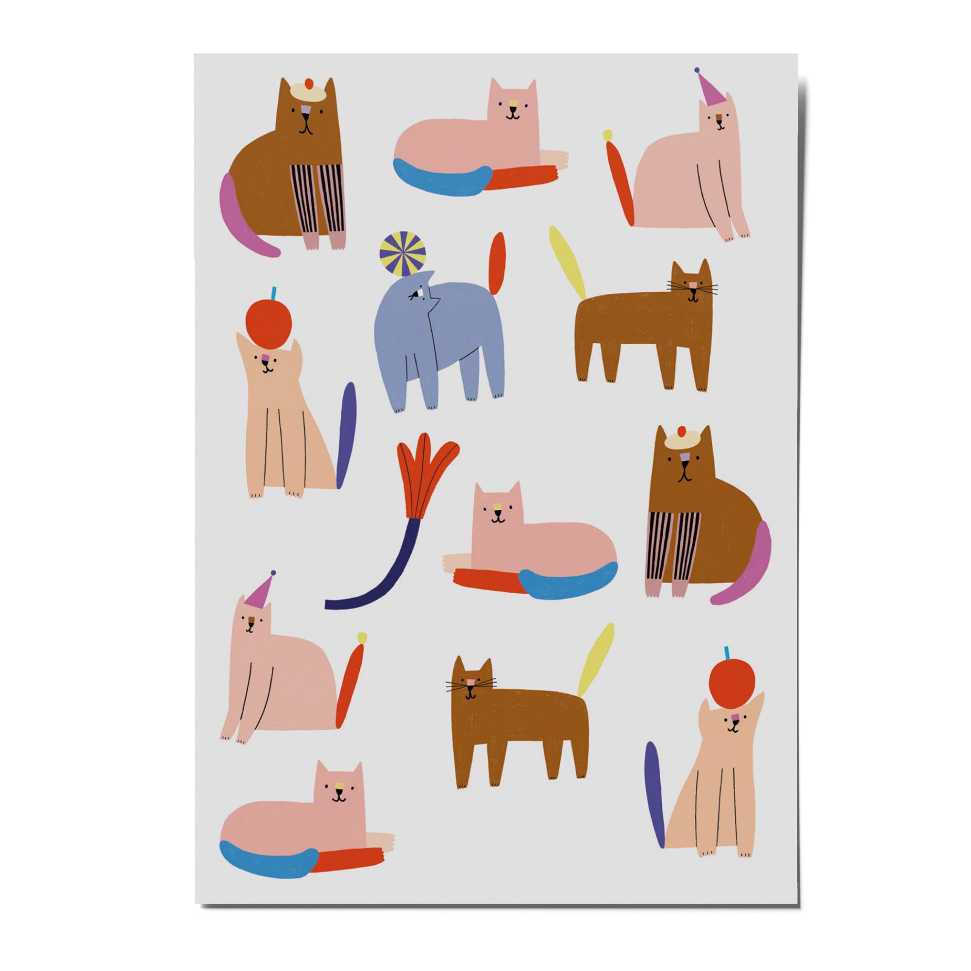 A vertical art print featuring a playful pattern of stylized cats in various poses and colors, including brown, pink, blue, and beige, set against a light gray background.