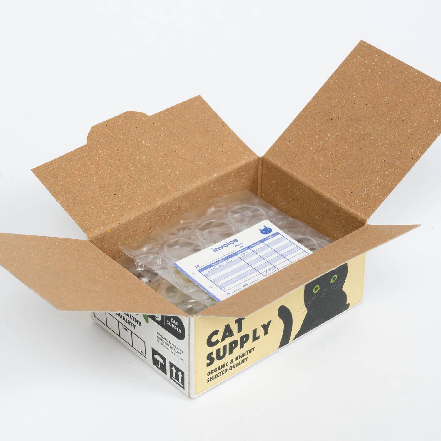 Open cardboard box labeled 'Cat Supply' with clear plastic items inside on a white background