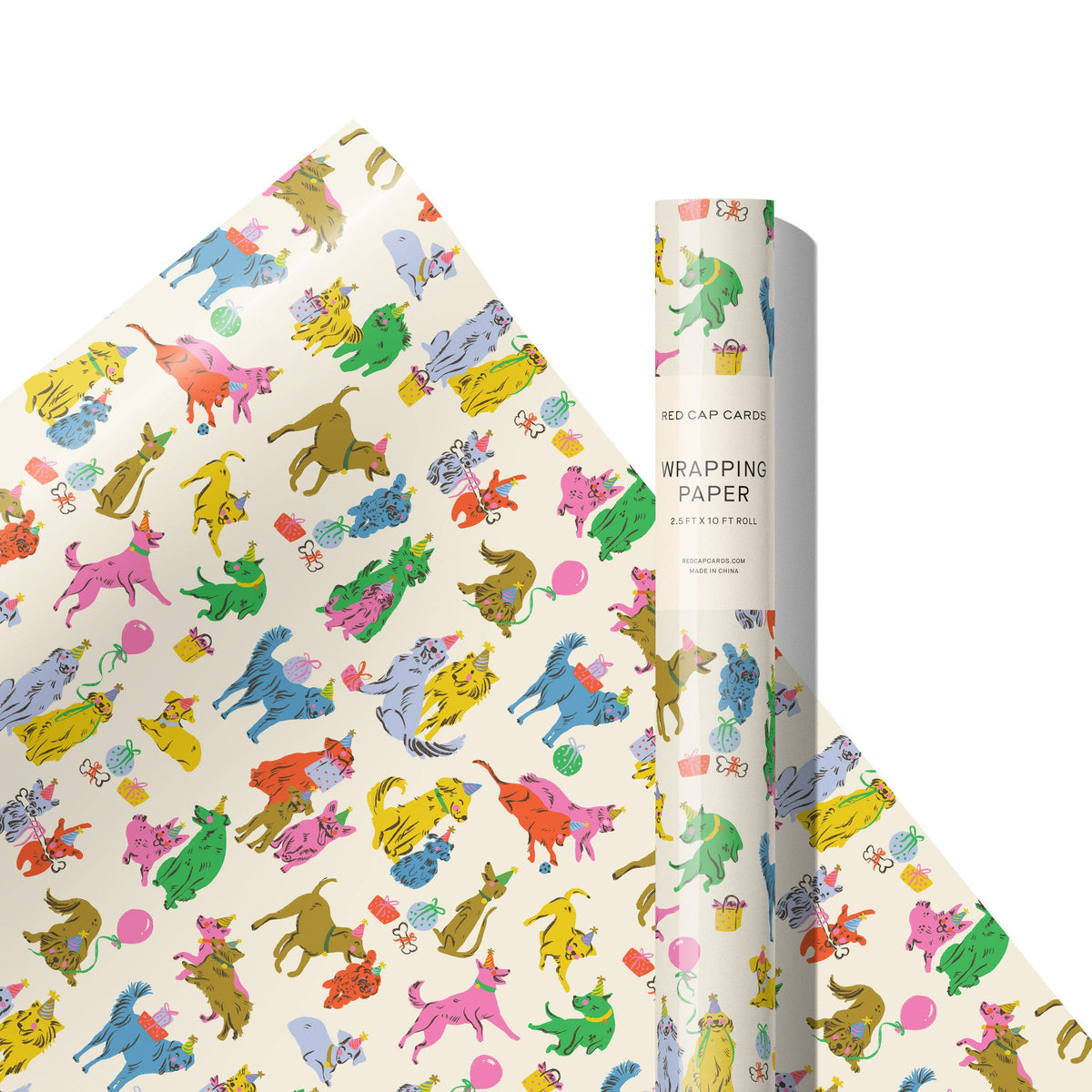 A roll of wrapping paper and a flat sheet displaying a colorful cartoon animal print on a warm cream background. 