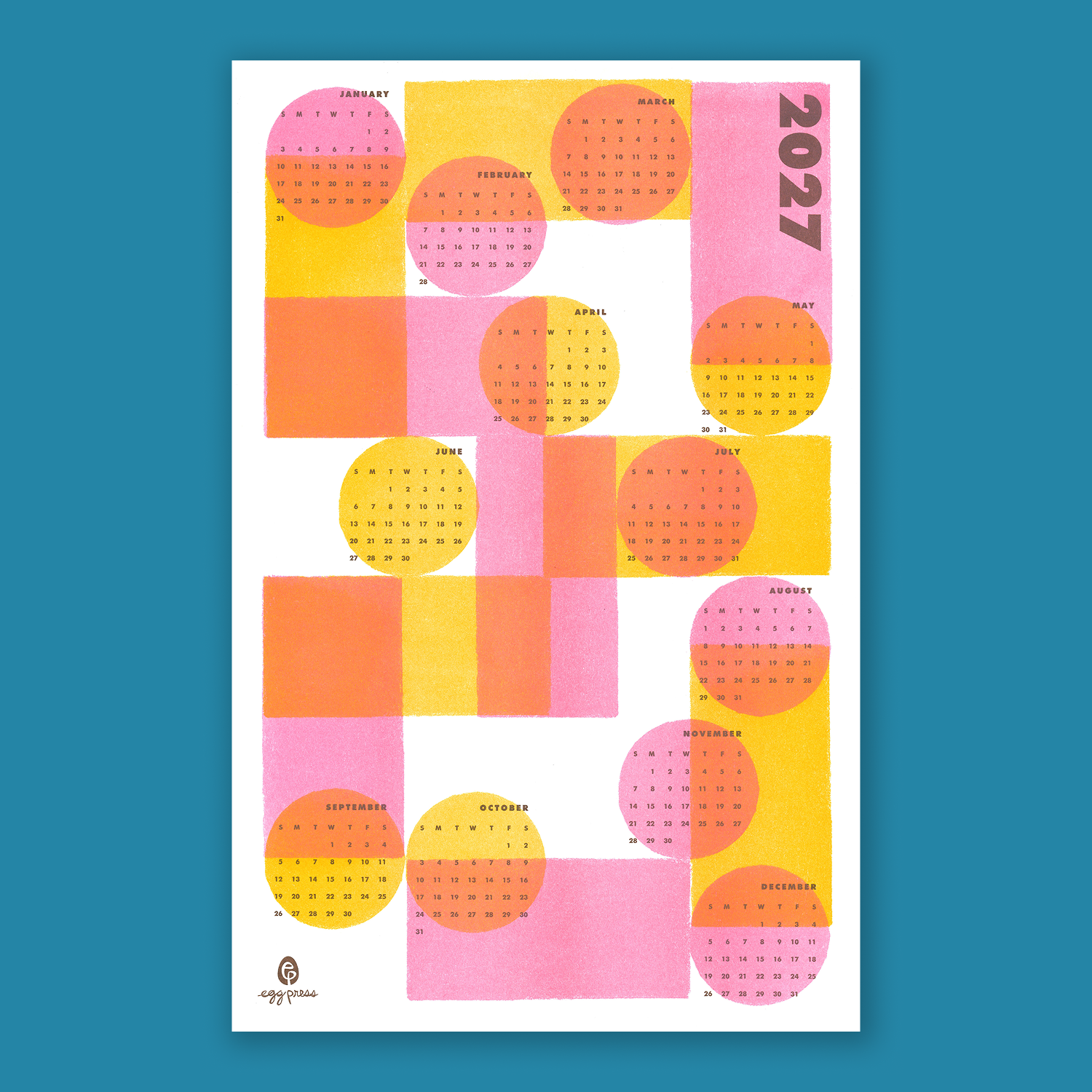 A 2027 wall calendar poster featuring a retro abstract geometric design in pink, orange, and yellow on a white background, displayed against a solid blue backdrop.