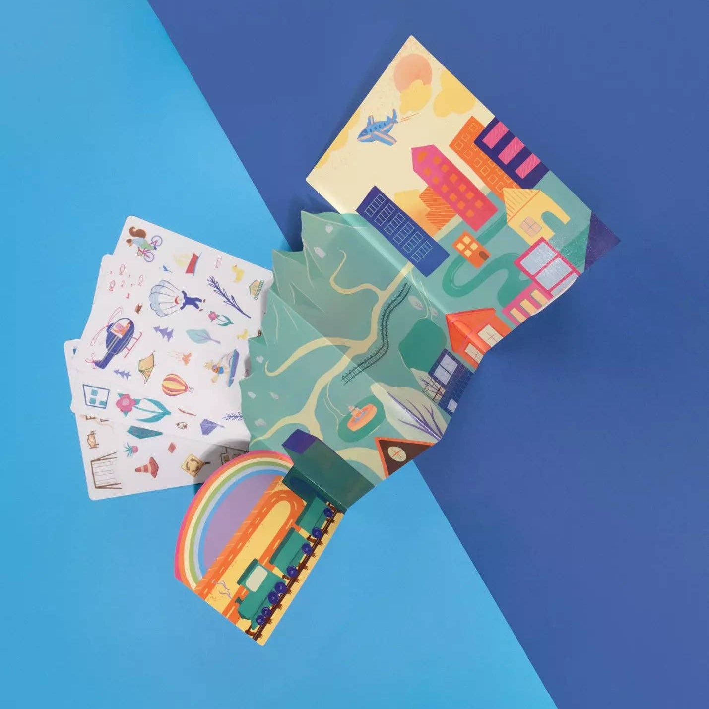 Colorful children's stickers on a blue background