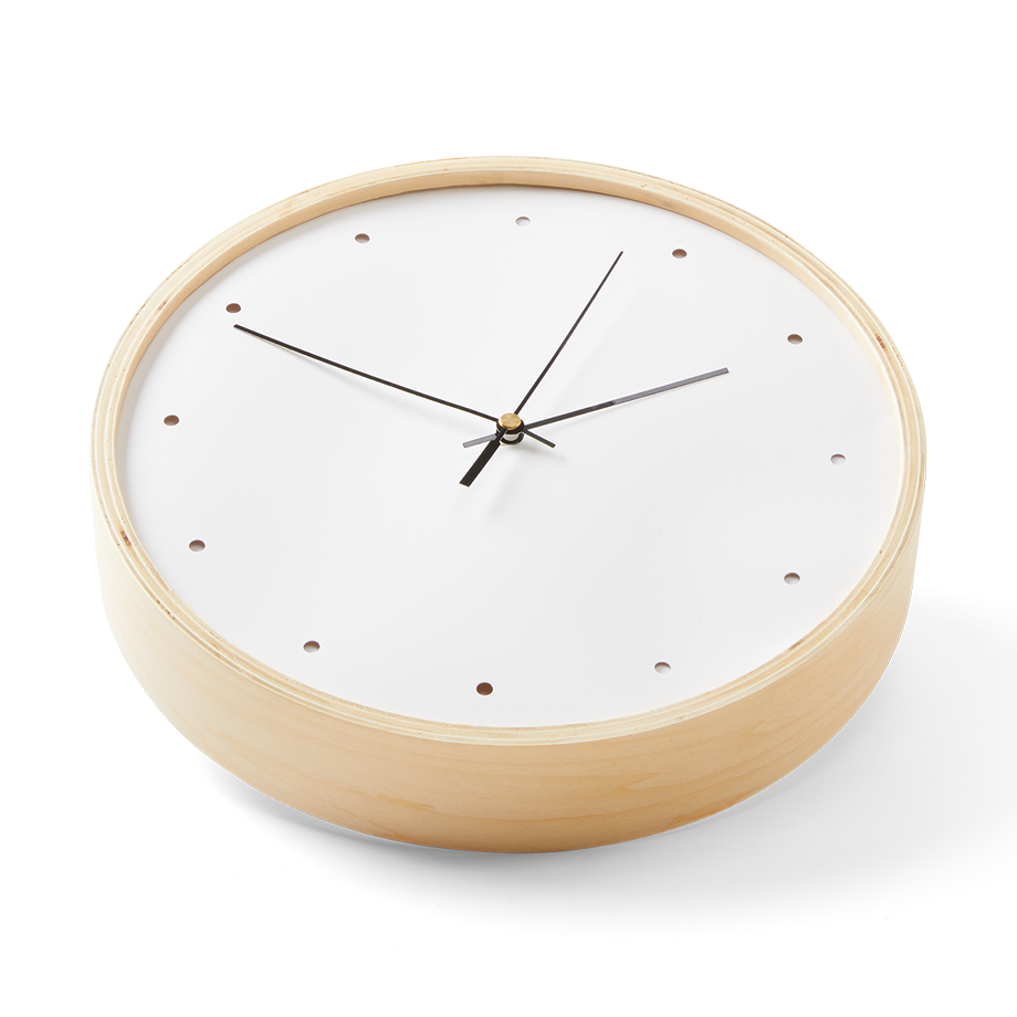 A minimalist round wall clock with a light natural wood frame, a white dial face, and slim black hands on a clean white background.