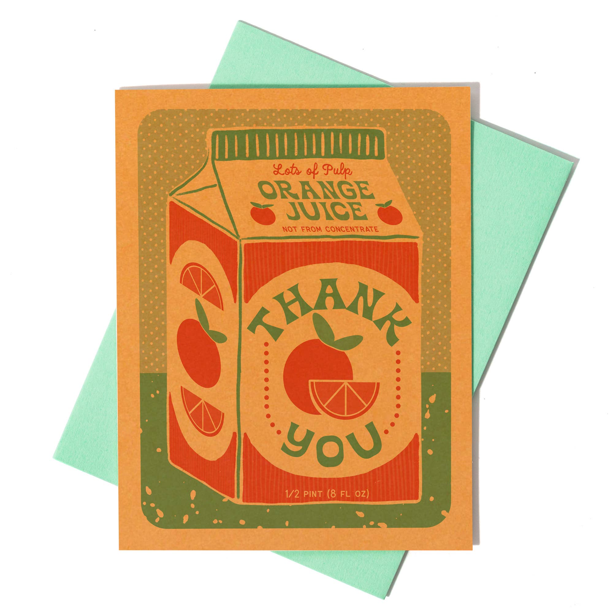 Card with orange juice carton design and 'Thank You' text on a green background