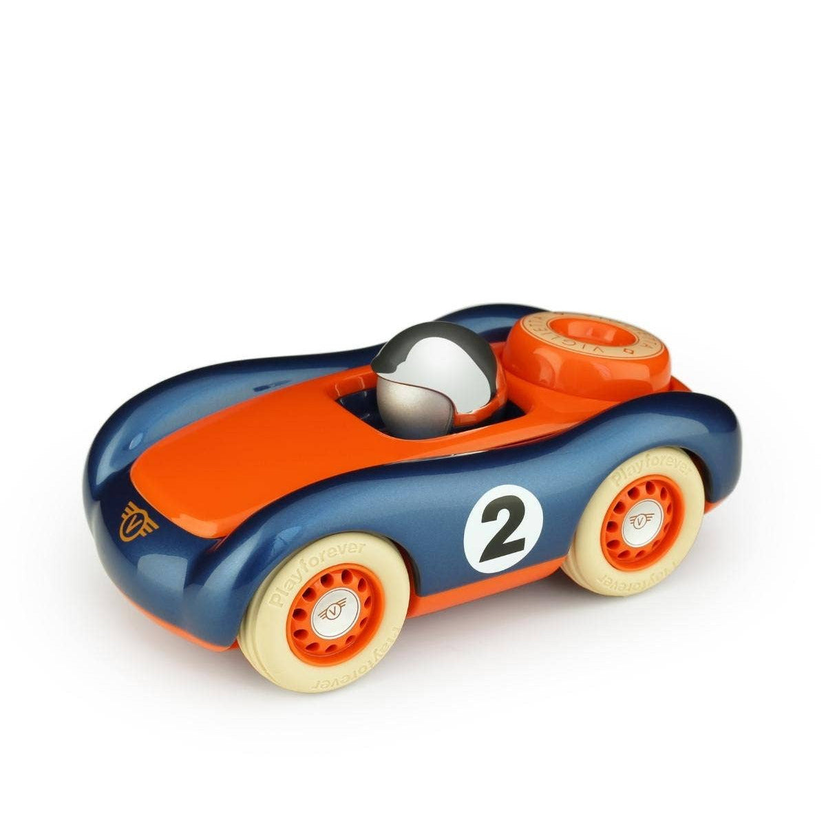 Toy race car with blue body, orange top, and white wheels on a white background