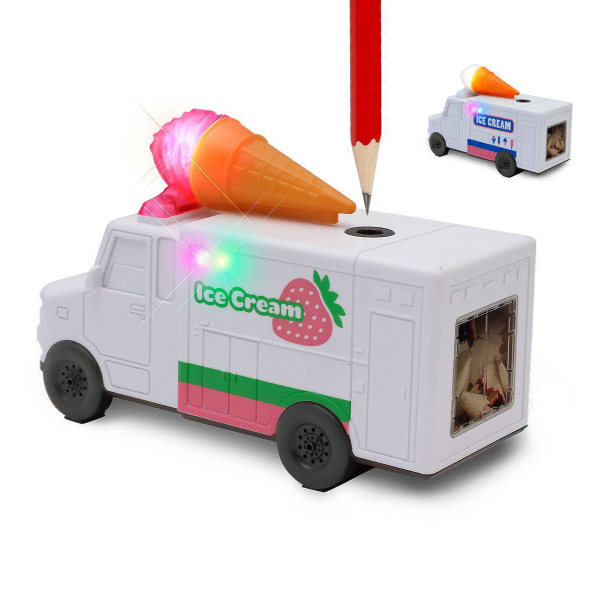 Toy ice cream truck with LED lights and pencil sharpener on a white background