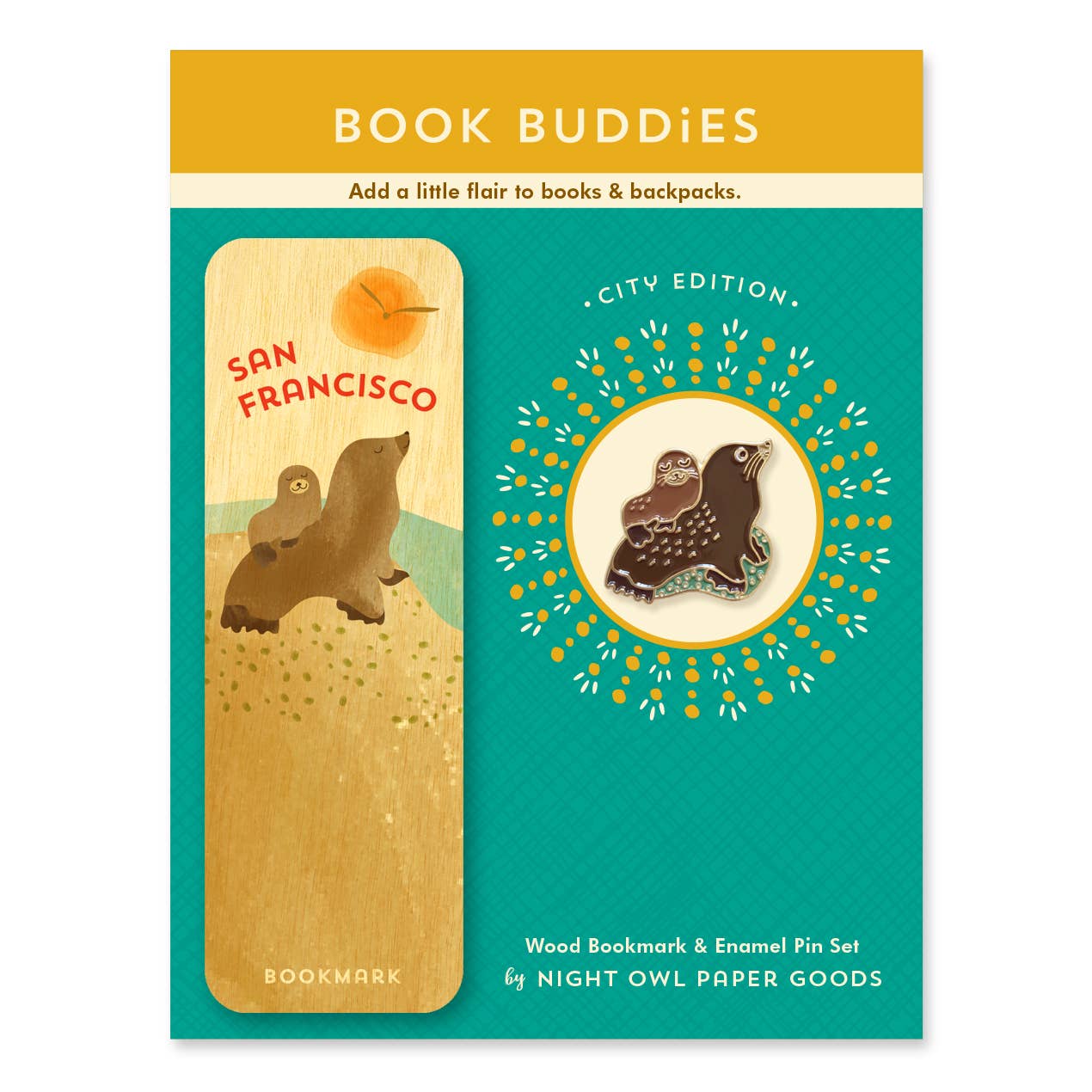 Book Buddy set with bookmark and enamel pin featuring San Francisco design on a teal background.