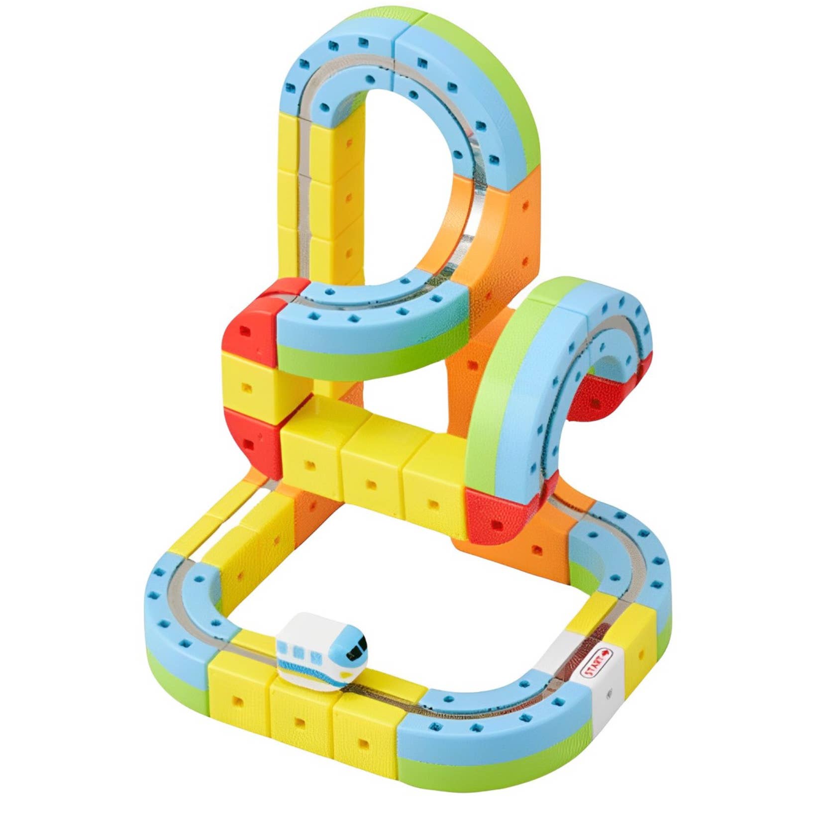 Colorful toy track set with a small car on a white background