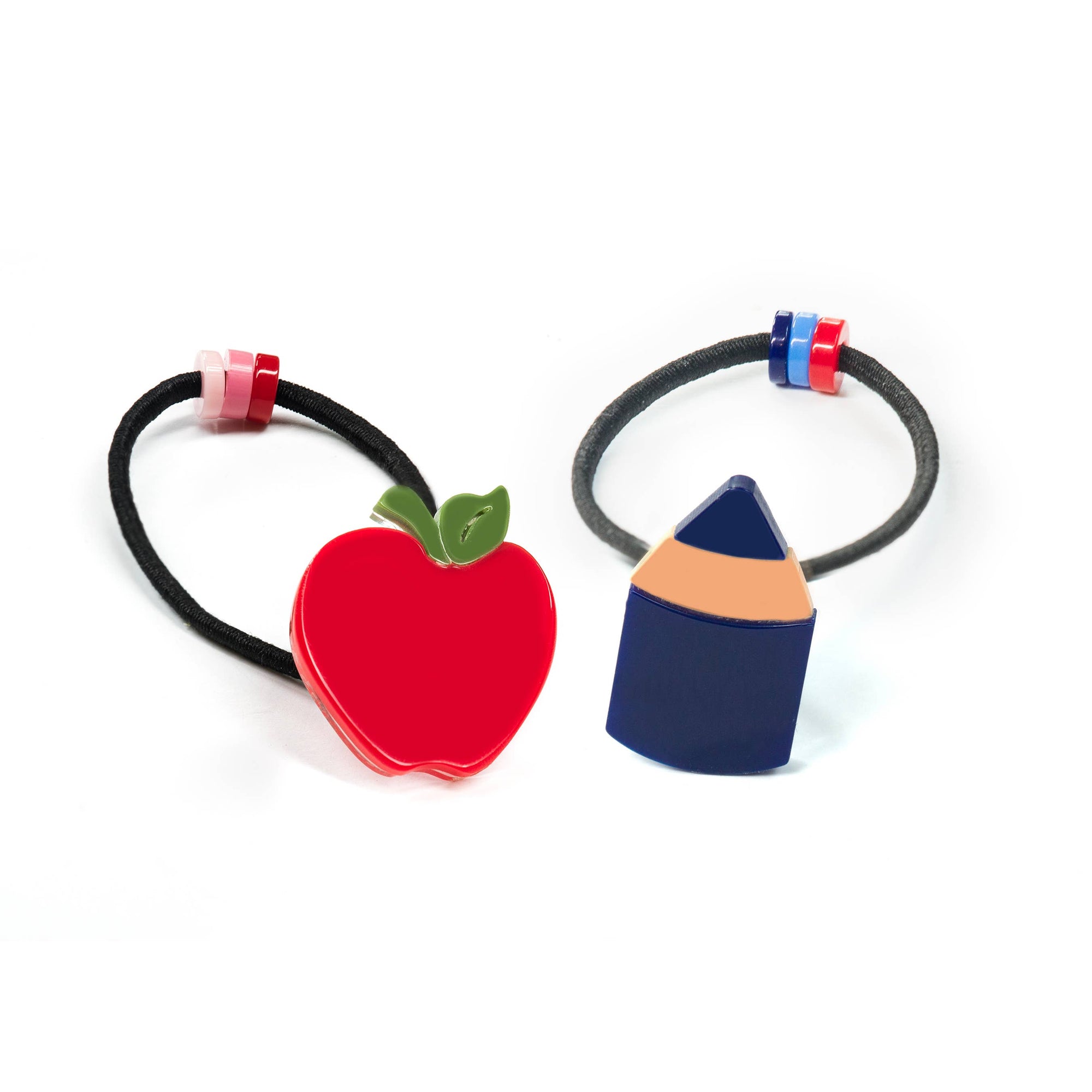 Apple and Pencil Navy Hair Ties -Back to School