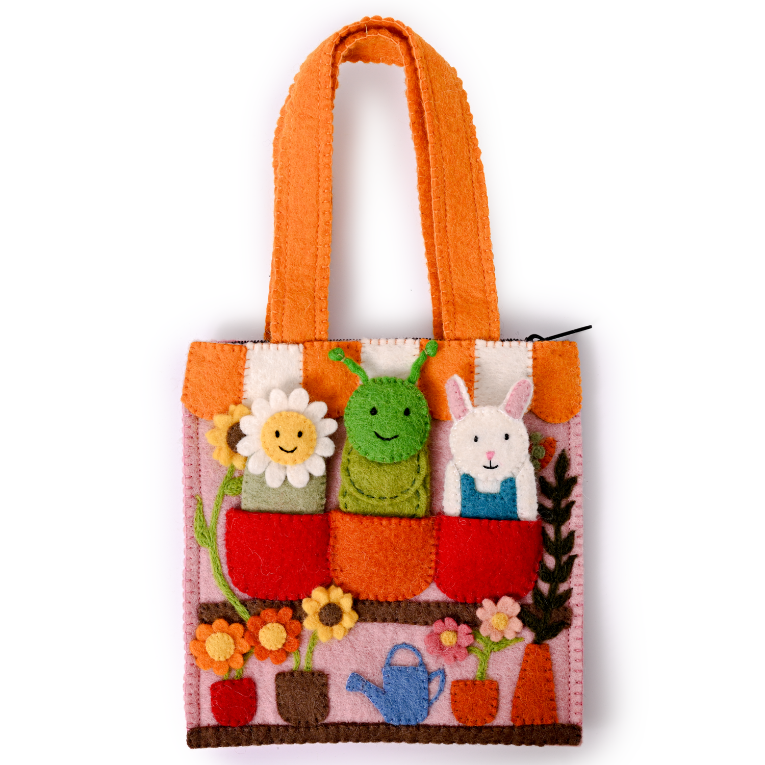 Colorful felt bag with cartoon characters and floral designs on a white background