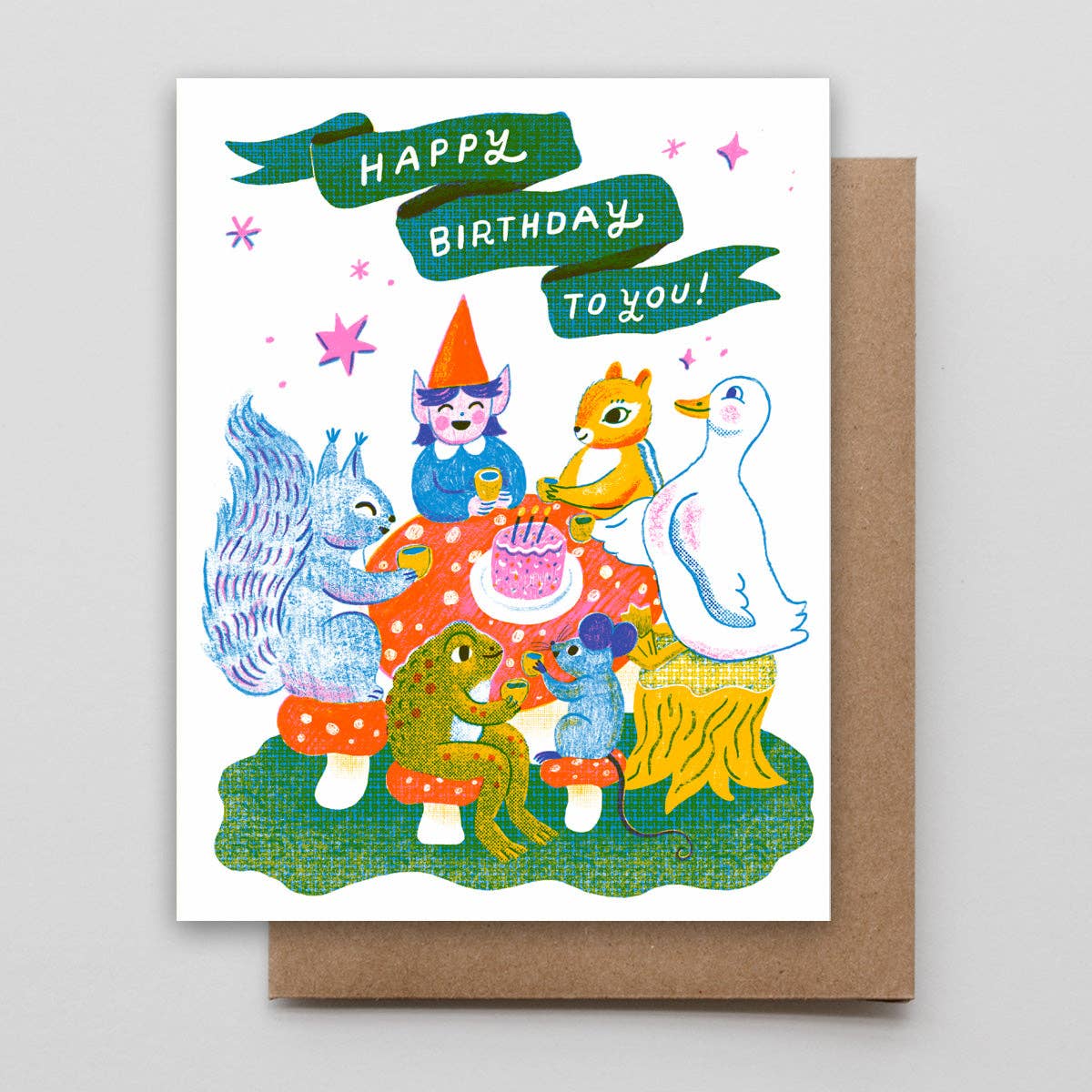 Colorful birthday card with animal illustrations and 'Happy Birthday to You!' text.